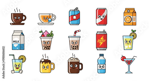 Cartoon drinks and beverage icons.