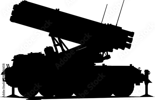 Mobile multiple rocket launcher system vehicle in firing position