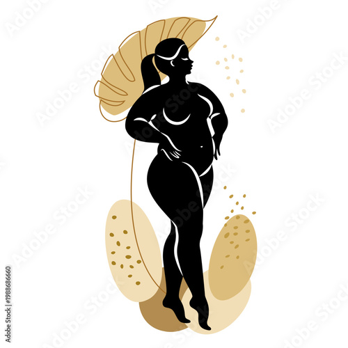 Silhouette of a slender naked woman and plant leaves. The girl is standing, she is overweight. The lady is full of beauty and sexuality. Vector illustration.
