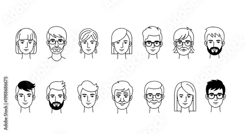 Faces cartoon set with diverse people and hairstyles in black and white line art featuring illustrations, avatars, characters with heads and simple