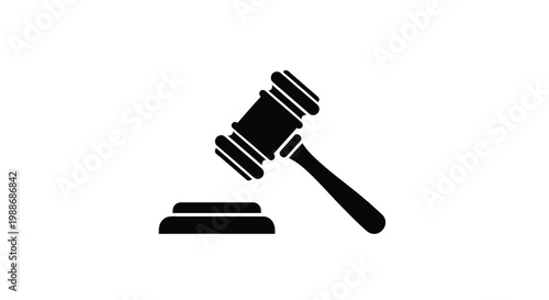A simple black silhouette depicts a gavel resting on a sound block symbolizing justice high quality