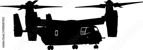 Tiltrotor military aircraft silhouette in vertical takeoff mode