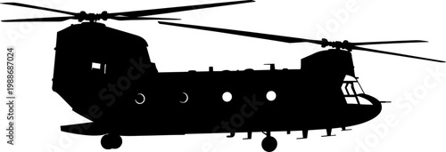 Tandem rotor transport helicopter flying in profile view