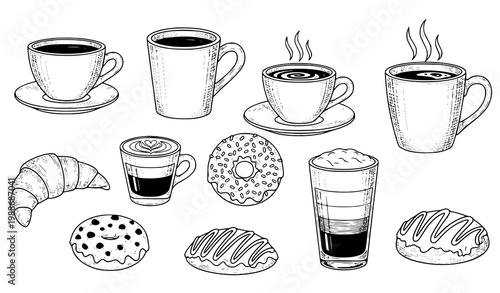Hand drawn coffee and bakery vector set coffee cup mug croissant sketch