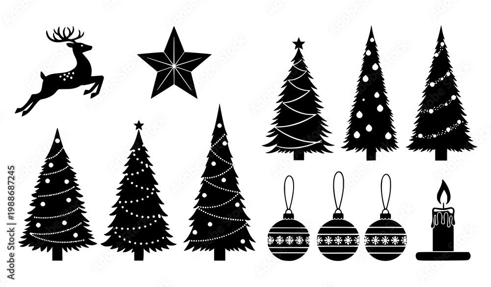 Obraz premium Christmas icon set vector black silhouette reindeer tree ornaments candle