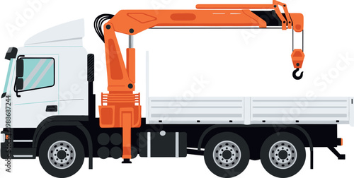Commercial white flatbed equipment truck with orange hydraulic loader crane vector illustration for heavy construction transportation
