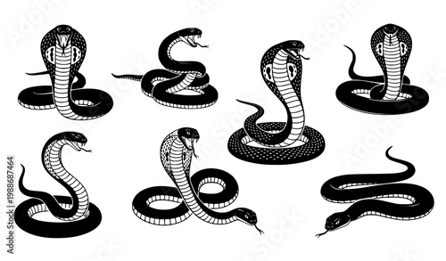 Cobra silhouettes vector black snake poses wildlife icon set 7