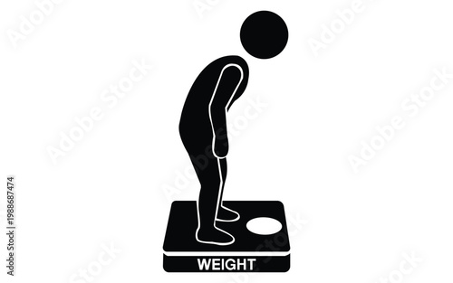 Man standing on weighing scale silhouette icon representing weight measurement and health concept