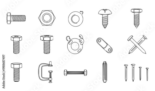 Metal fasteners vector icon set screws bolts nuts construction tools