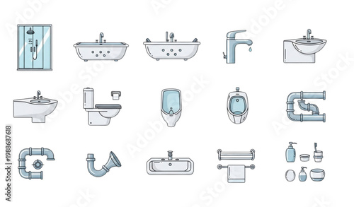 Bathroom plumbing icons vector set shower toilet sink pipes fixtures