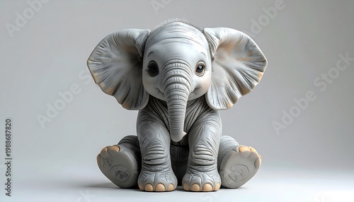Gray elephant statue on white surface.