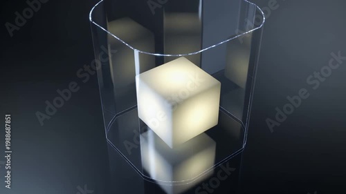 Glowing cube protected by a descending glass shield