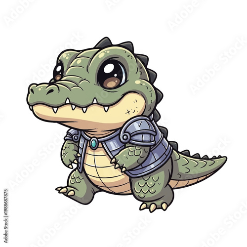 Cute cartoon baby alligator wearing armor and looking forward.