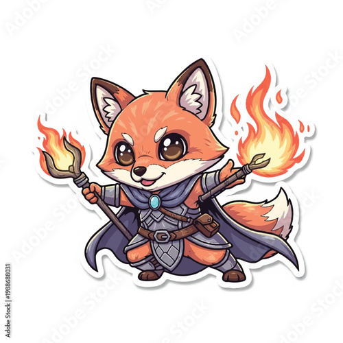 Cute cartoon fox wizard holding a staff with fire magic.