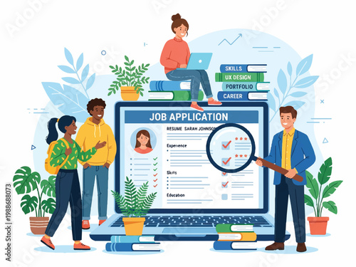 People using computers to fill out job application form with magnifying glass and plants around