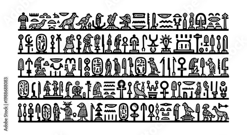Artifacts icons ancient Egypt hieroglyphs collection with pharaoh symbols, pyramids, scarabs, amulets, weapons and tools for design