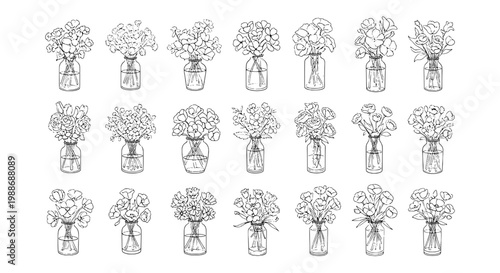 Flowers in jars set with detailed line drawings and various arrangements featuring bouquets, floral, sketch with botanical and vase elements for