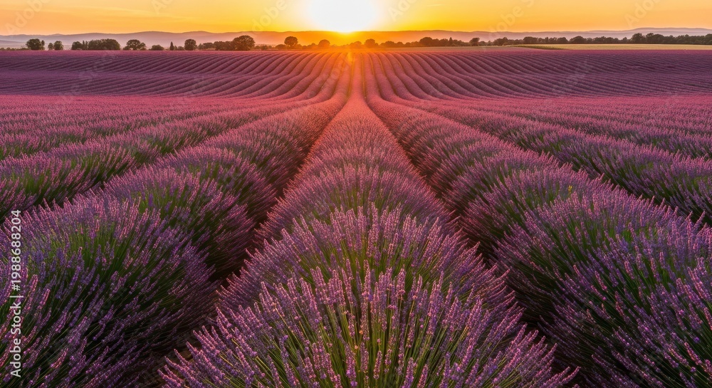 Obraz premium Vibrant purple lavender field in Provence France at sunset with endless rows of blooming flowers stretching towards the golden horizon line