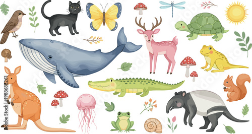 Cute cartoon animal vector collection featuring whale deer kangaroo crocodile tapir and nature elements for kids educational design.