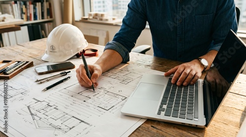 engineer working on architectural plans with laptop