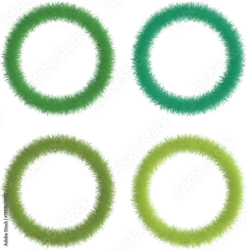 Green grass wreath rings with soft fuzzy texture. Circular natural frame set isolated on white background. Decorative botanical border elements for spring design.