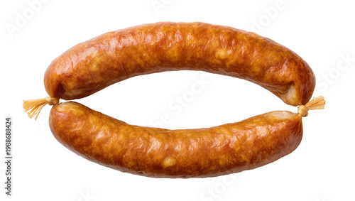 Photos Two plump smoked sausages tied with twine, isolated on transparent background