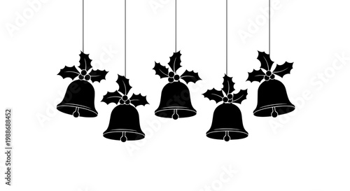 Bells Christmas decoration with holly leaves and hanging strings in black featuring bell decorations, festive icon, holiday icon with minimalist