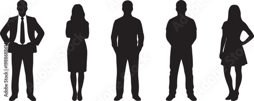Business people silhouettes wide banner, corporate team of professionals standing isolated on black background vector illustration