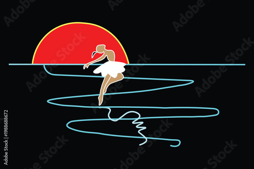 Minimalist ballerina vector illustration, elegant ballet dancer silhouette at sunset, artistic line art of dancing woman on black background