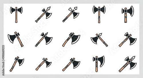 A collection of various axe and hatchet illustrations on a white background