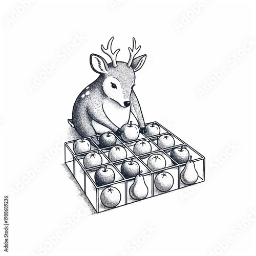 Deer selecting fruit from a box illustration.