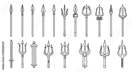 A collection of ancient spears and tridents on a white background