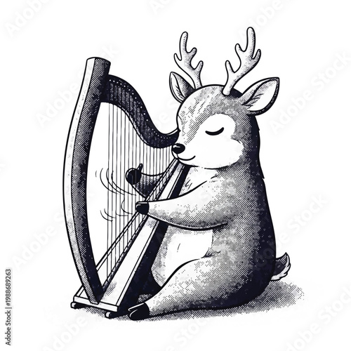 Cute cartoon reindeer playing a harp with eyes closed.