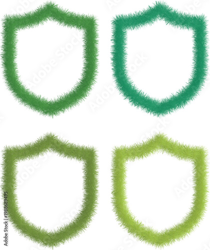 Green grass shield frames with soft fuzzy texture. Organic botanical outline shapes for eco branding and badge design. Decorative vector set isolated on light background.
