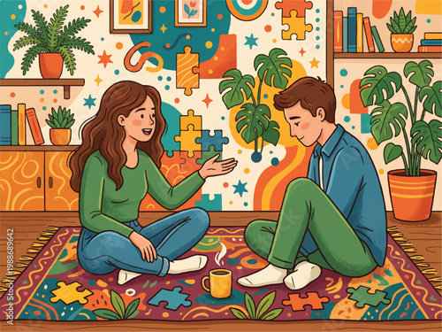 Two young adults sitting on a colorful rug in a cozy room with plants and puzzle pieces on the wall and floor relaxing and chatting over a cup of coffee