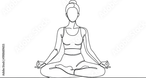 Minimal line art woman meditating in lotus pose yoga vector illustration wellness mindfulness concept isolated