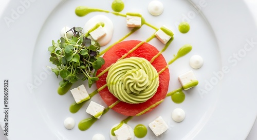 Artfully arranged gourmet dish with vibrant green mousse on red slice, white cheese, microgreens, dots