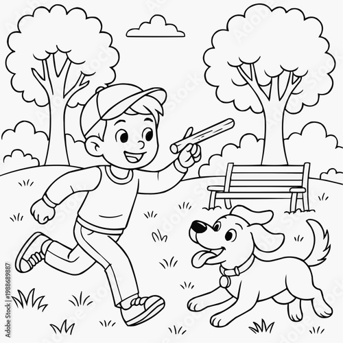 boy and dog playing  fetch 