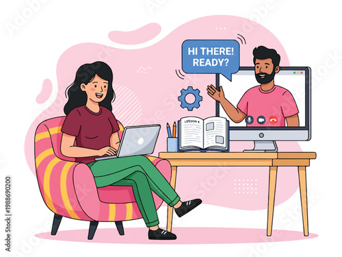 Woman sitting on armchair with laptop and man on computer screen with speech bubble saying hi there ready