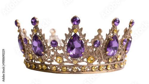Foto Ornate golden crown with large purple teardrop gems, isolated on transparent bac