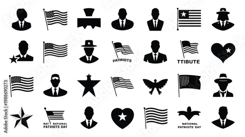 Black silhouette icons honoring veterans with flags stars eagles and patriotic symbols for remembrance