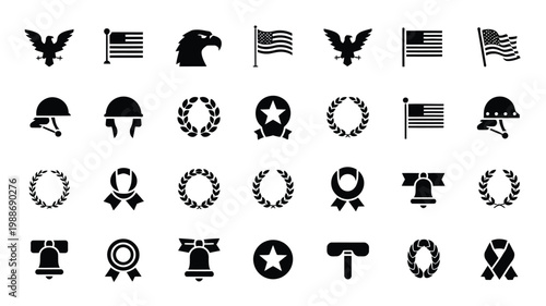 Collection of 30 black and white vector patriotic symbols including eagles flags laurel wreaths helmets and emblems in clean minimalist style