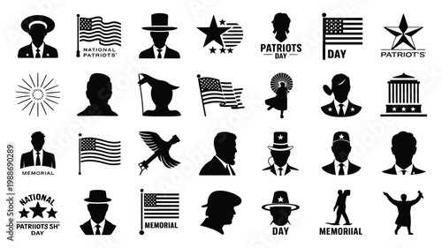 Silhouettes of patriotic symbols and military figures with american flags and memorial day elements in modern vector style