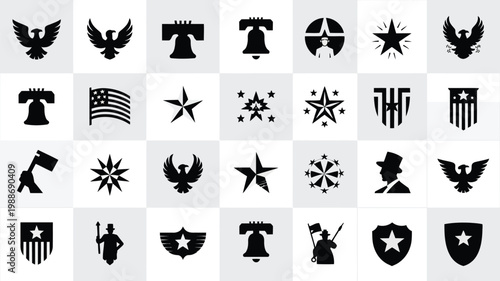 A collection of 30 patriotic silhouettes featuring flags eagles stars and symbols in bold black and white designs on a neutral background