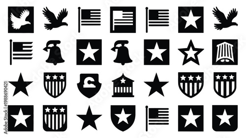 Black and white patriotic silhouettes featuring eagles stars flags and national symbols in bold designs