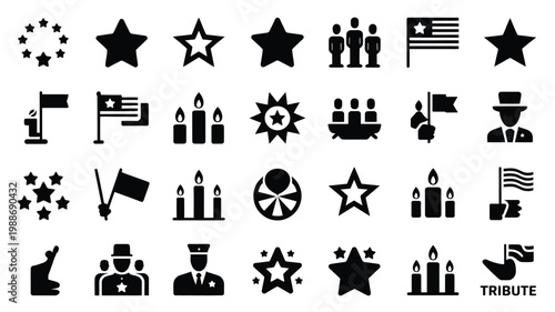 Silhouette icons depicting national symbols flags stars candles and tributes in a monochromatic black style for patriotic themes