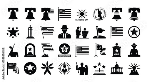 Patriotic icons celebrating national pride with symbols of flags monuments and historical figures in bold black and white design
