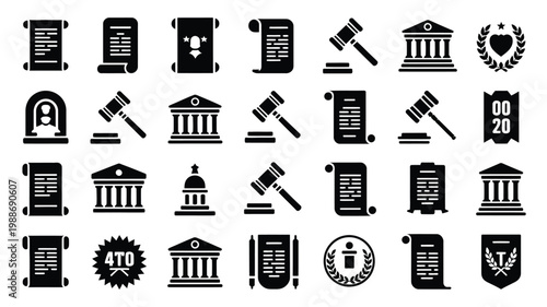 Black silhouette icons of justice law government and legal documents with gavel court building and seal symbols