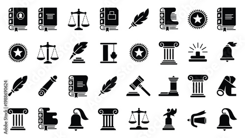 Minimalist black and white icons of books scales feathers symbols and columns in a clean grid layout for legal and justice themes