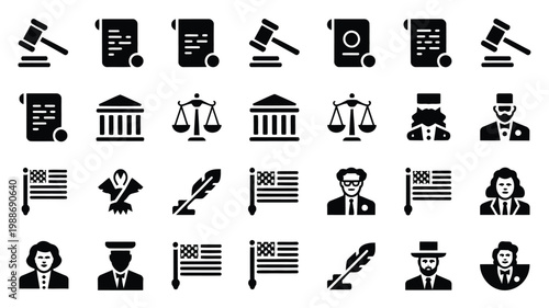 Flat vector icon set featuring 30 distinct legal and justice symbols in black and white for professional use